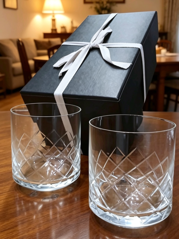 Juego x2 vasos whisky mareado tallado reja con caja de regalo