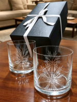 Juego x2 vasos whisky mareado tallado palmera con caja de regalo